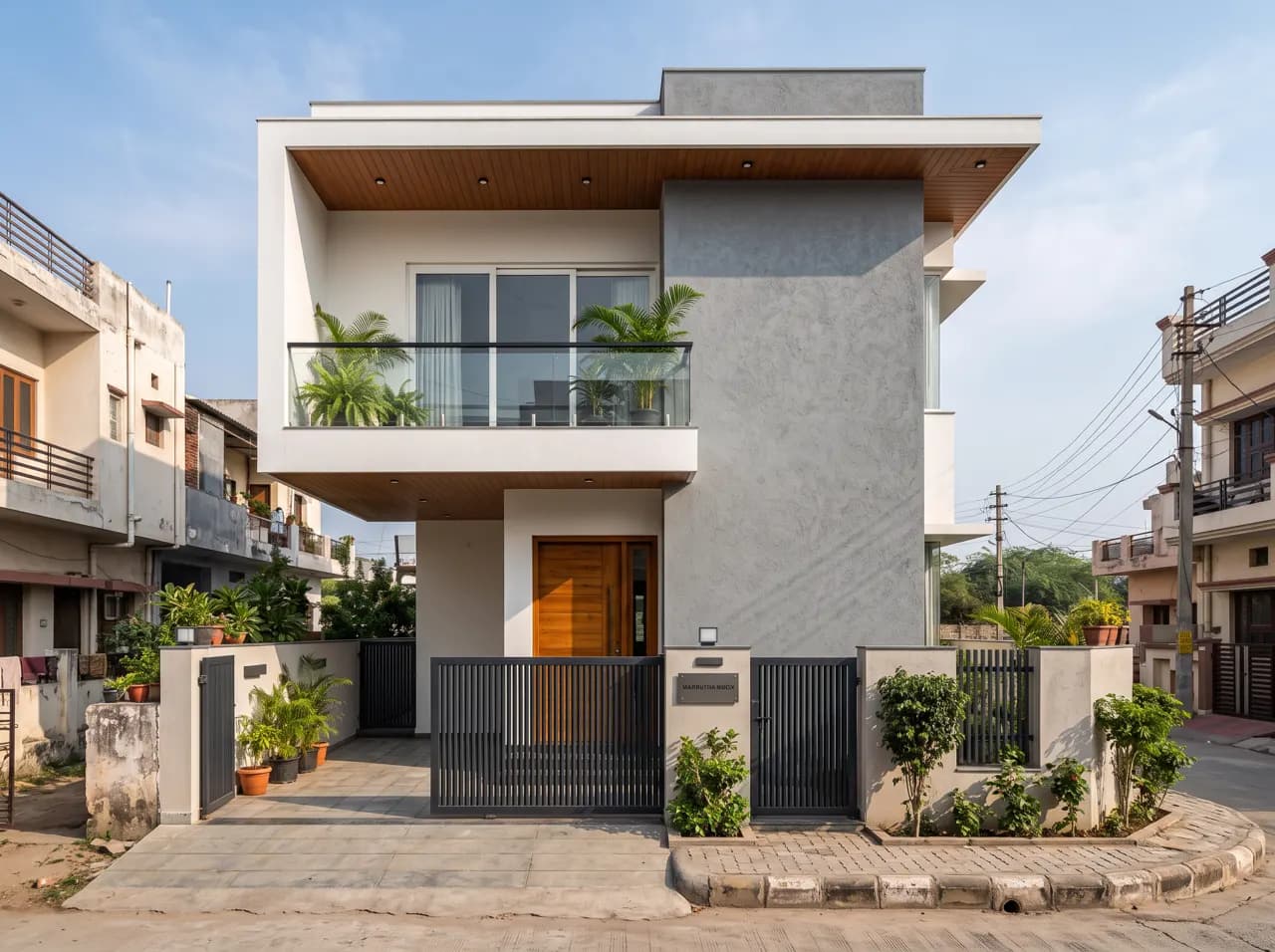 Double floor front elevation with cantilevered balcony and grey textured wall