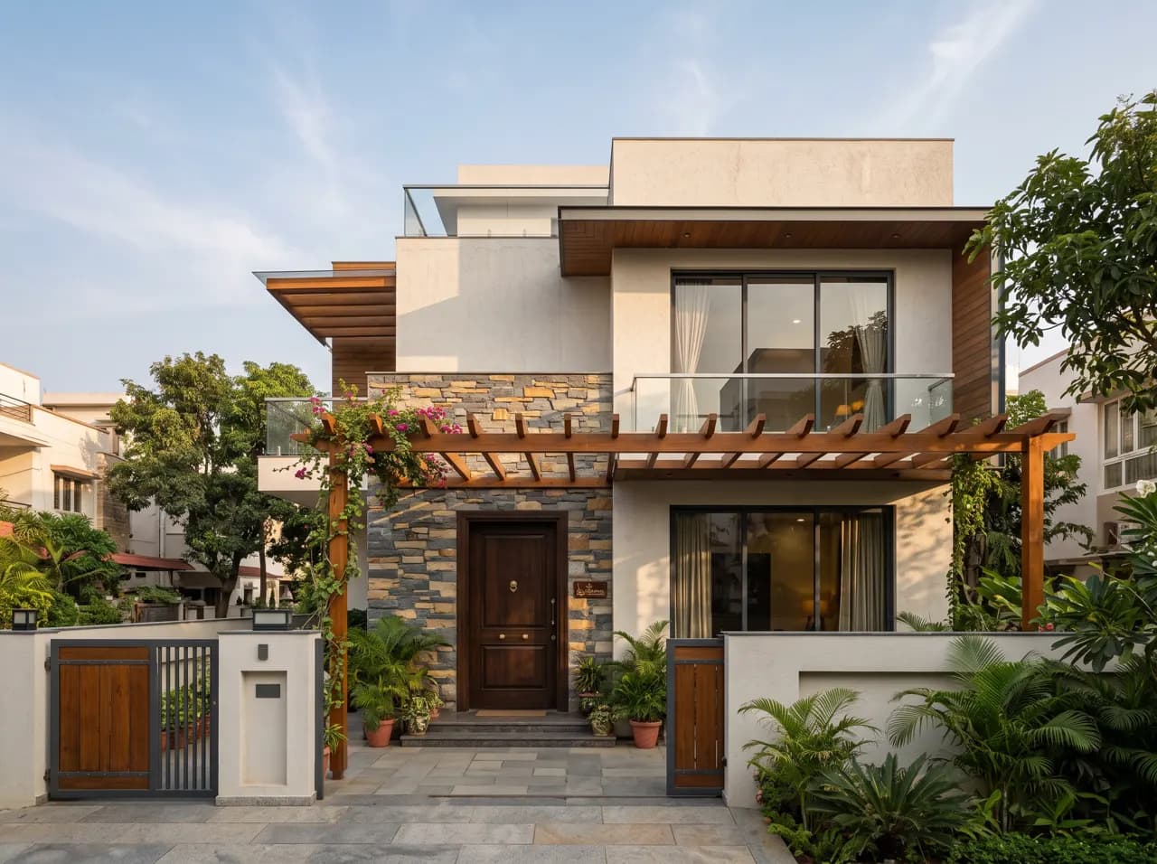 Double floor house front with stone ground floor and pergola entrance