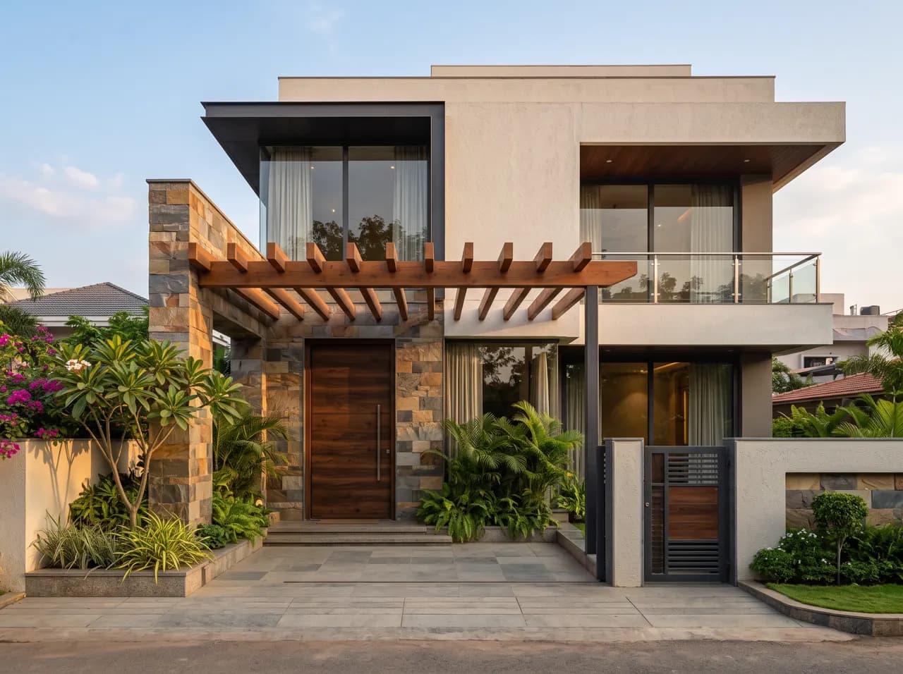 Two floor house elevation with stone feature wall and glass balcony