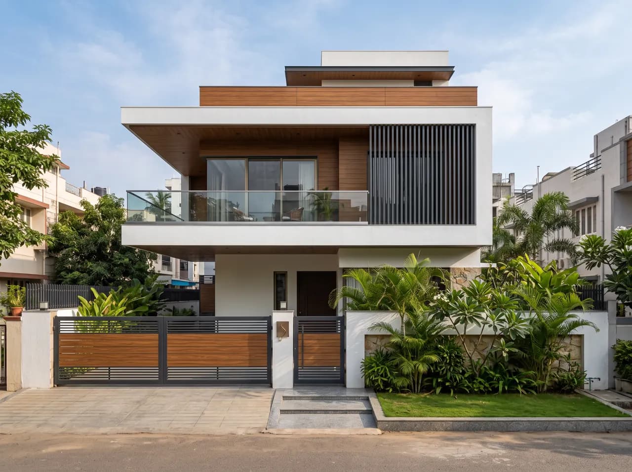Contemporary two-storey Indian house front elevation with wood-finish cladding, glass balcony and black louvers
