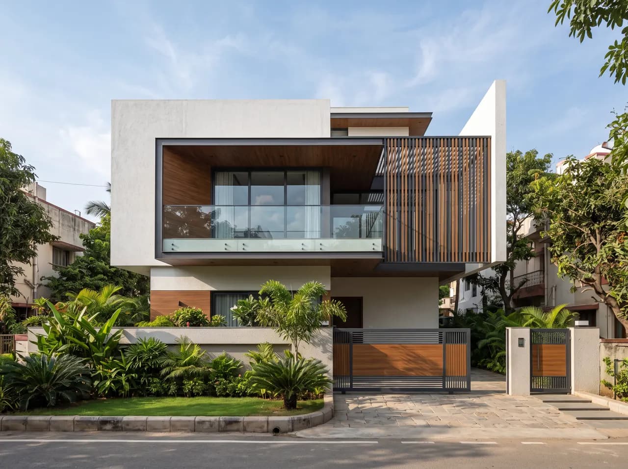Modern Indian house front elevation with a framed glass balcony and vertical timber fins