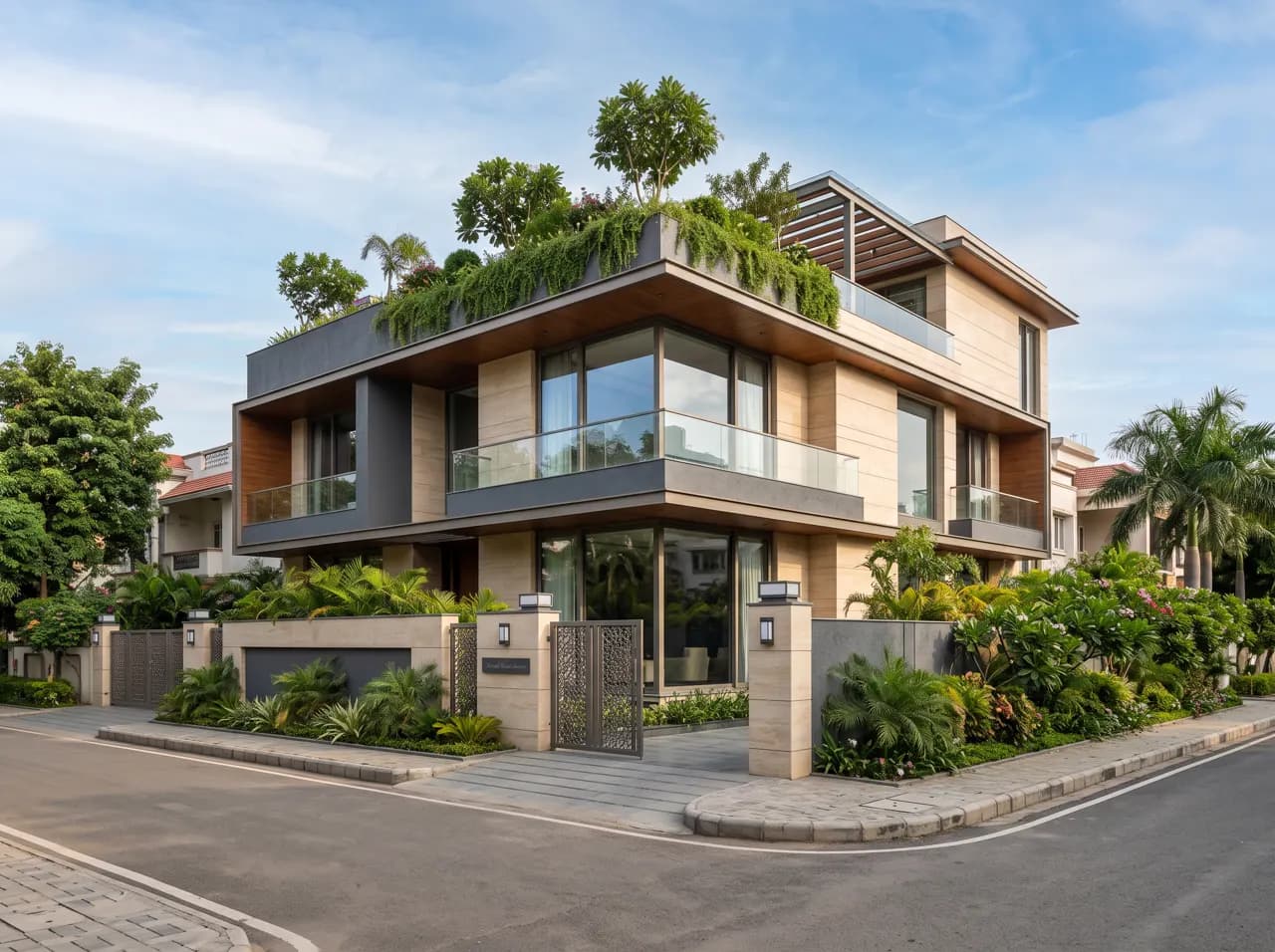 Three-storey Indian bungalow elevation with beige stone cladding, terrace garden and corner glazing
