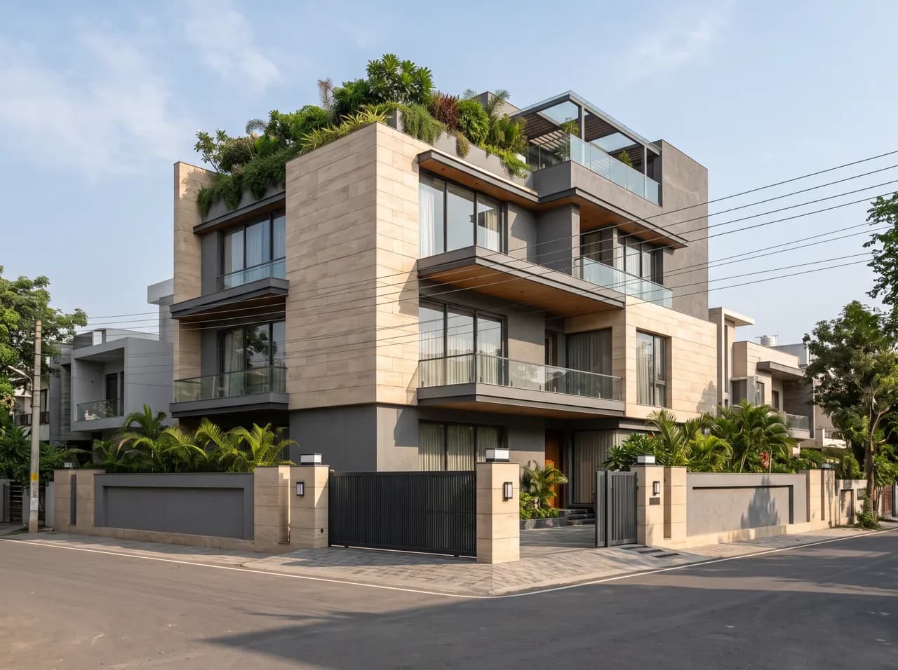 G+2 Indian house elevation in beige stone with stepped balconies and rooftop planting