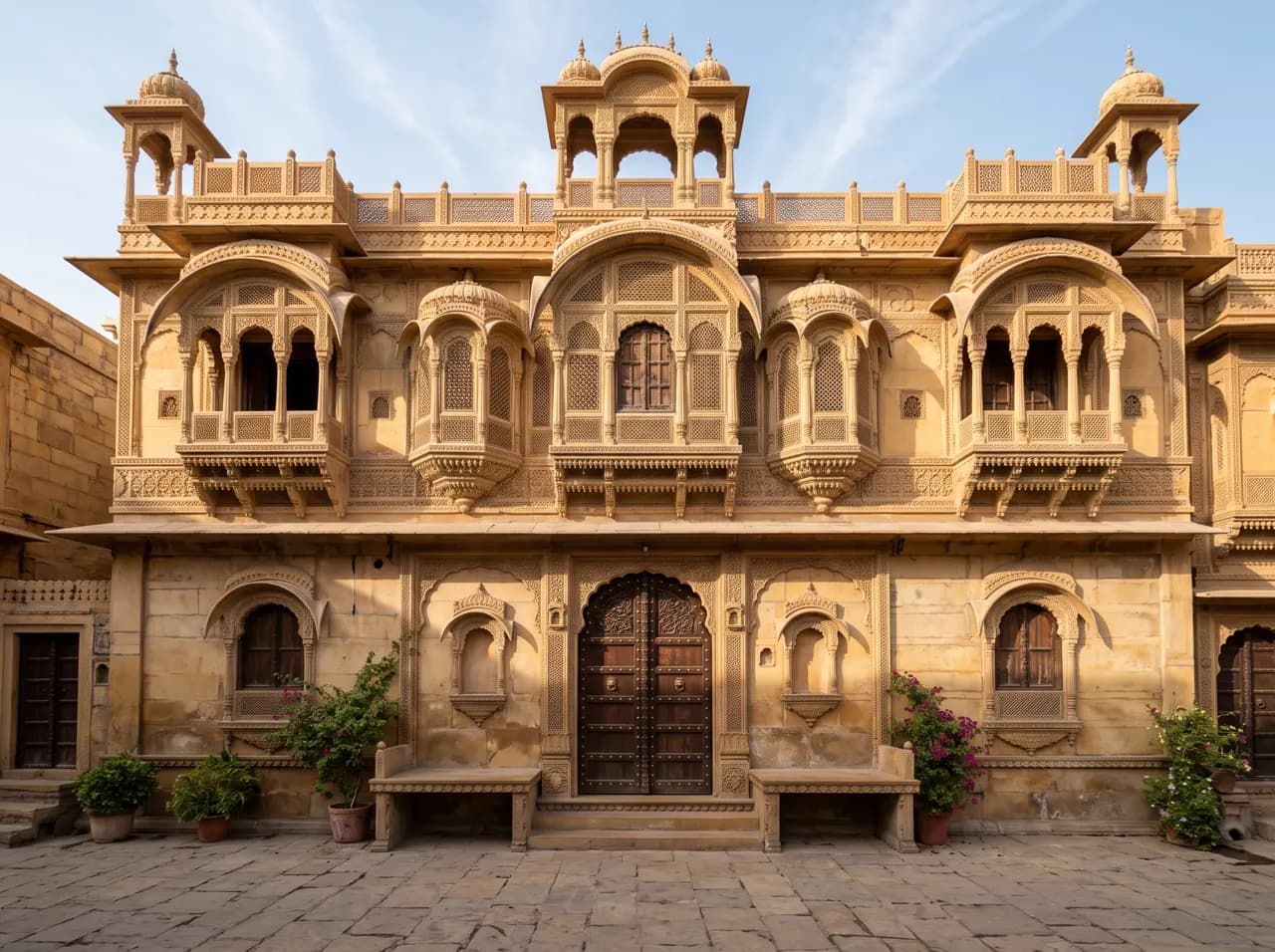 Rajasthani haveli style house front with sandstone facade, jharokha windows and chhatris