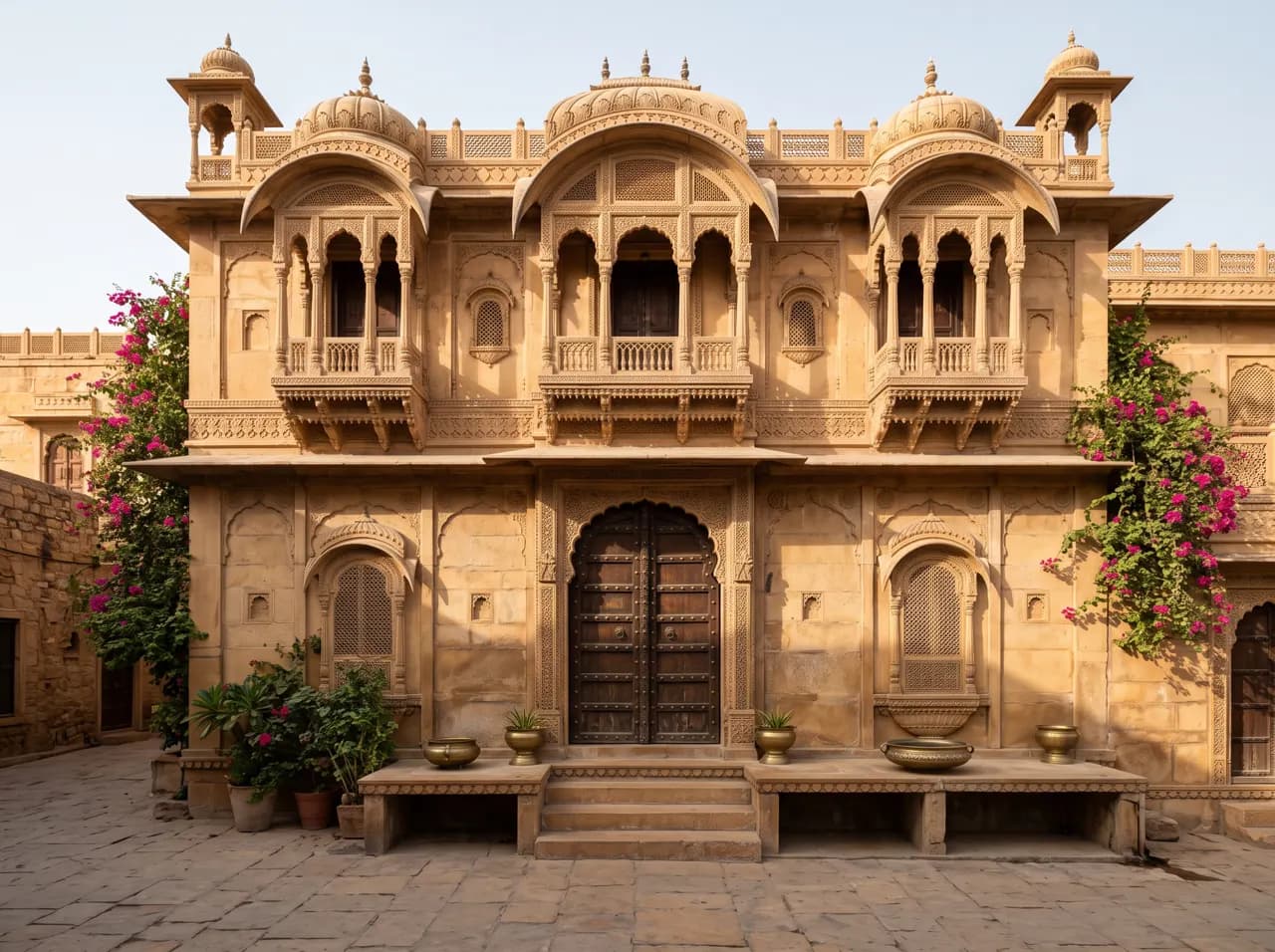 Haveli style Indian house front with carved sandstone balconies and arched wooden door