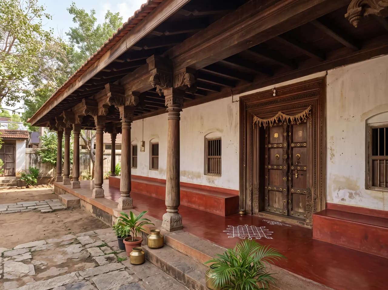 Chettinad style house veranda with carved wooden pillars and red oxide floor