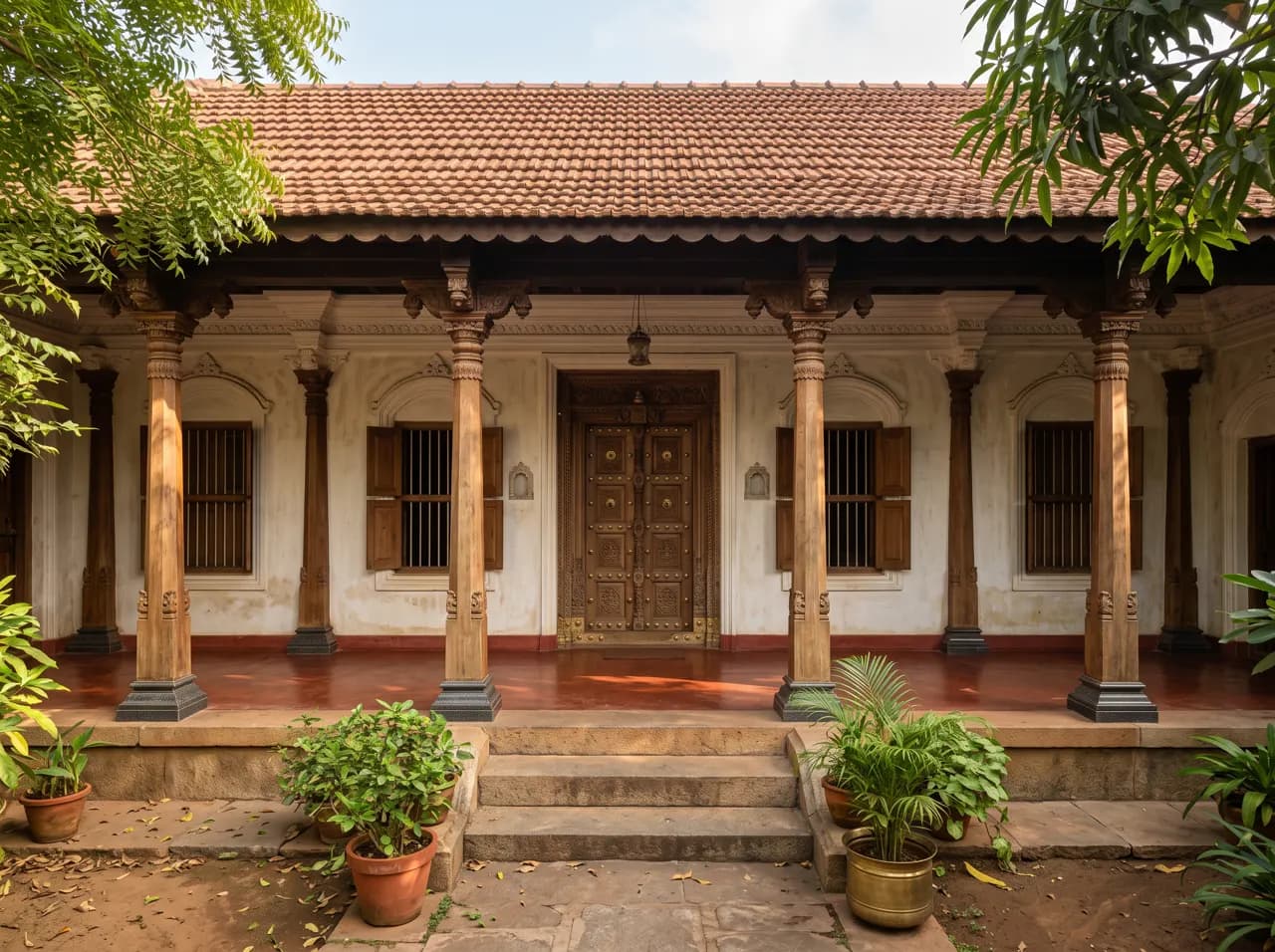 Chettinad style house front with wooden colonnade, clay tile roof and lime plaster