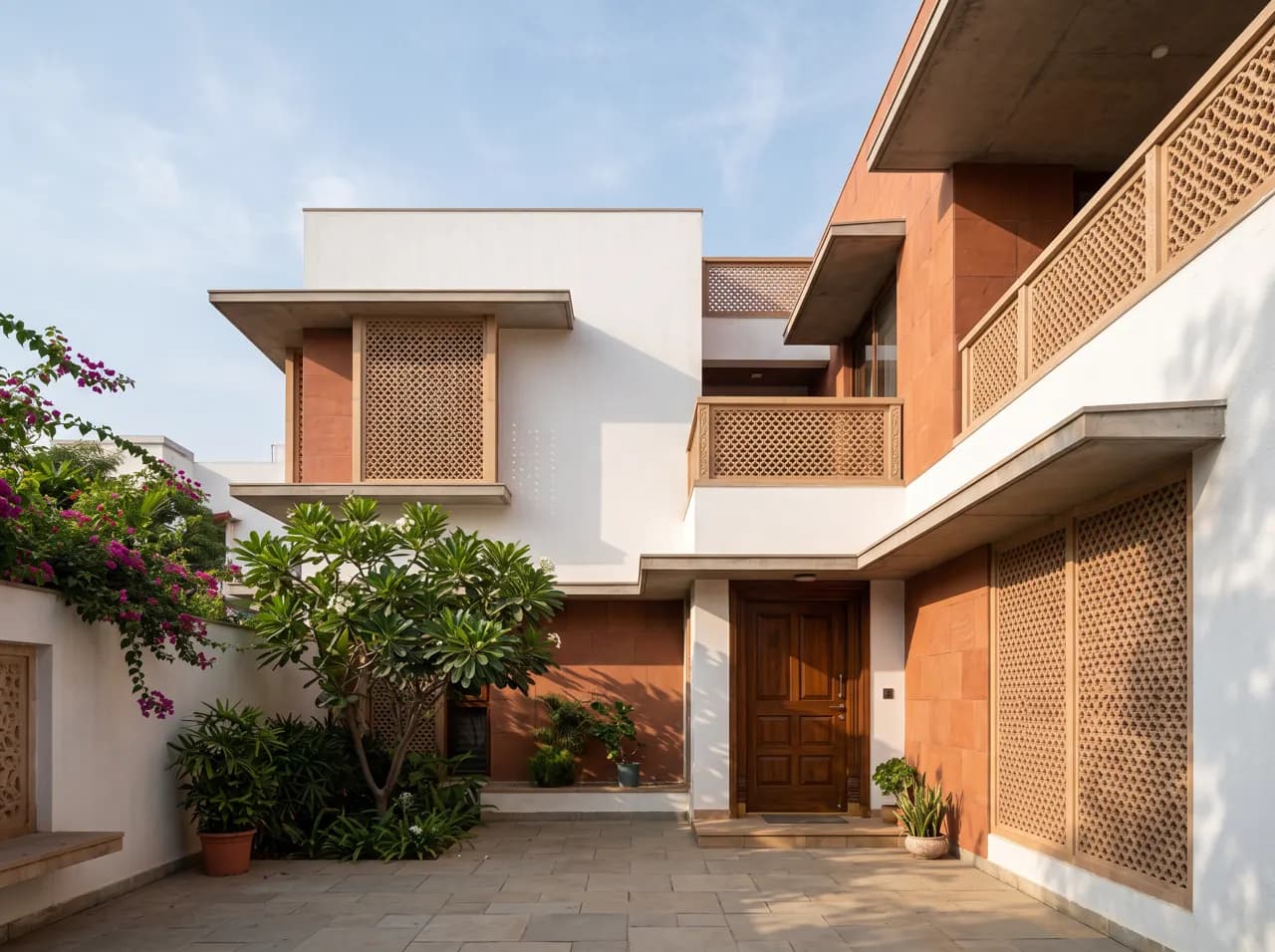 Contemporary Indian house with jali screens, terracotta walls and courtyard entrance