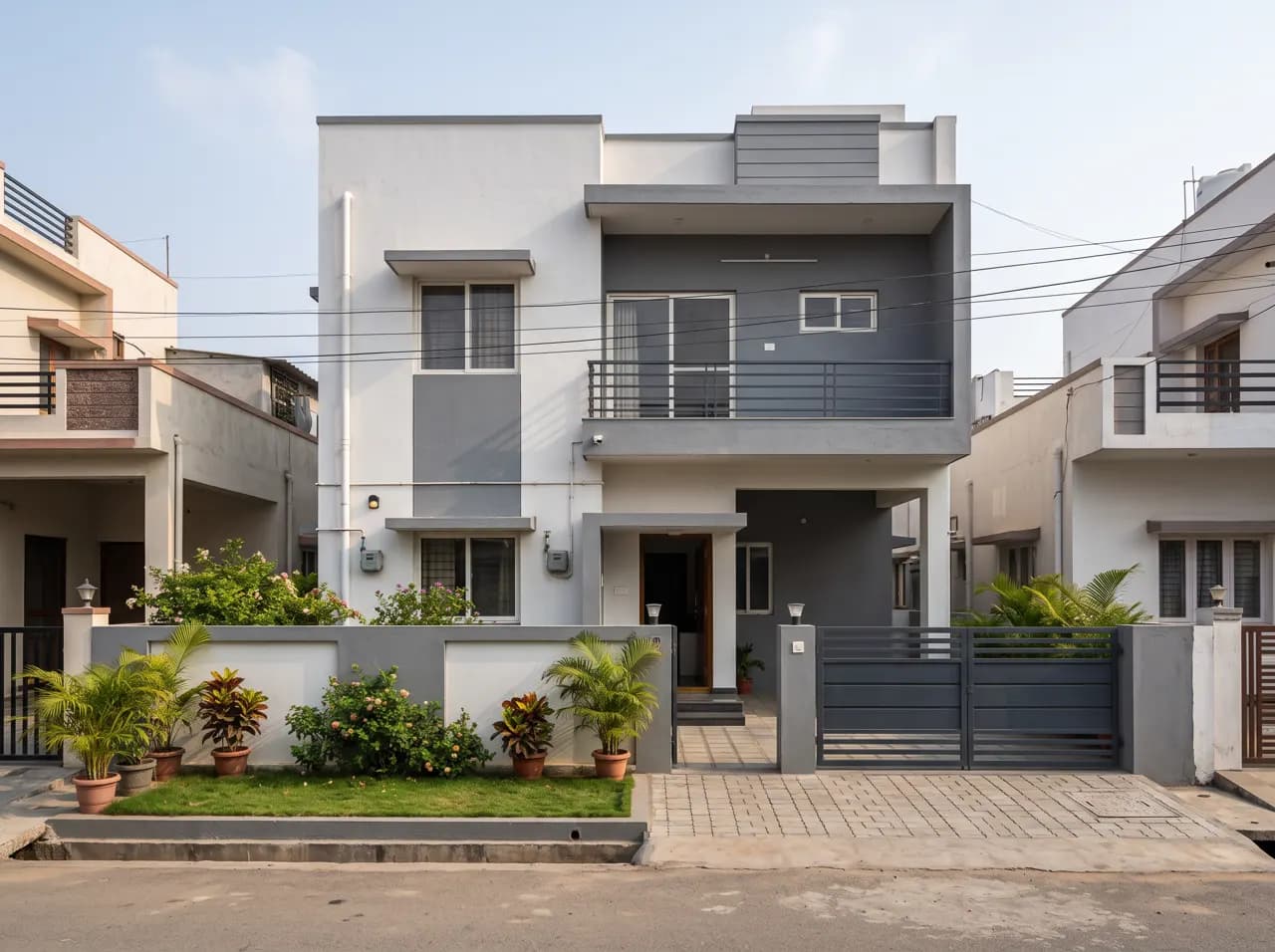 G+1 house elevation in grey and white with aligned windows