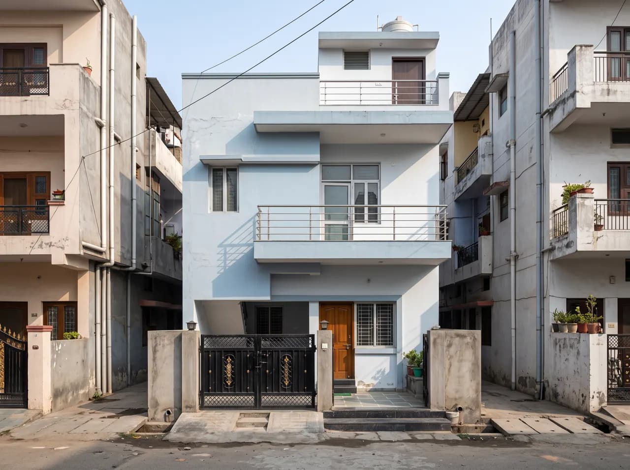 Normal row house front in light blue with terrace railing and steel gate