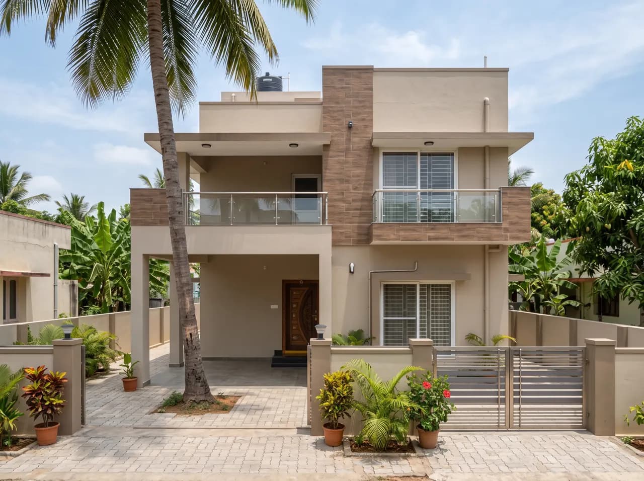 Double storey South Indian house elevation with portico and brown tile strips