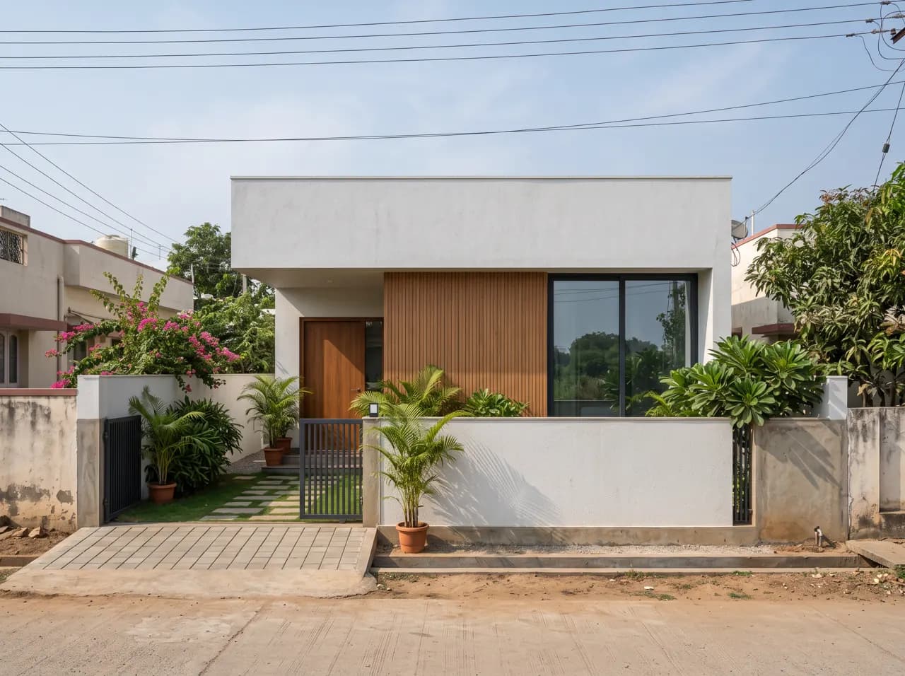 Simple single floor house front with white facade and wooden accent panel