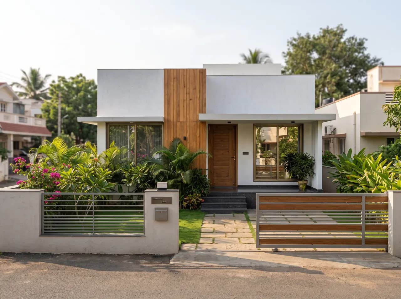 Simple single floor house front with timber panel, garden and horizontal gate