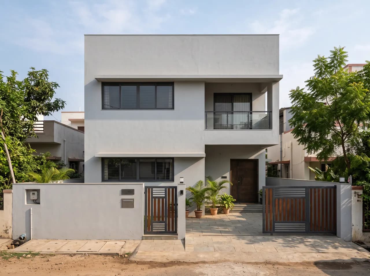 Simple two floor house design in grey with wooden gate and small balcony
