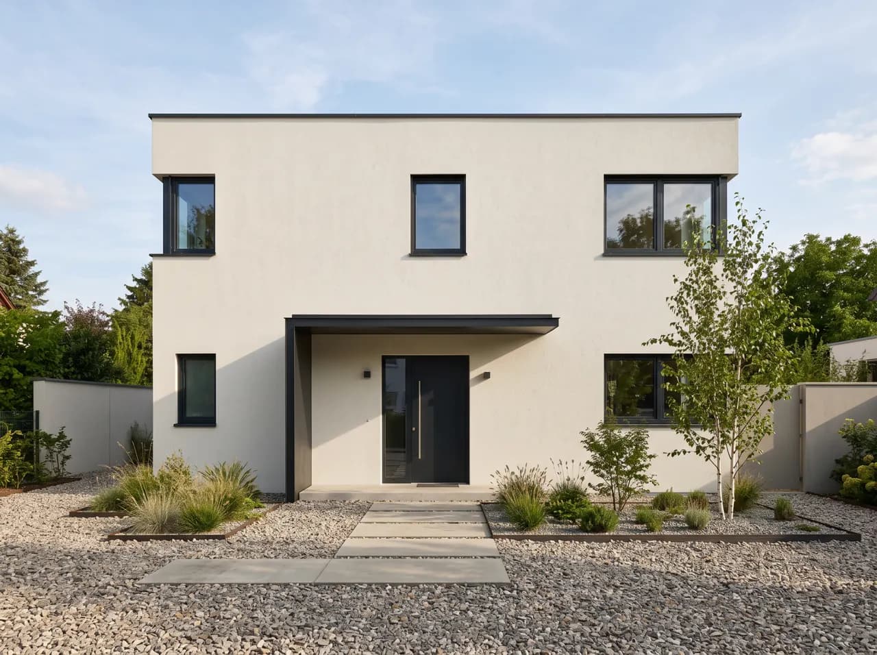 Simple modern house front with off-white walls, black windows and flat canopy