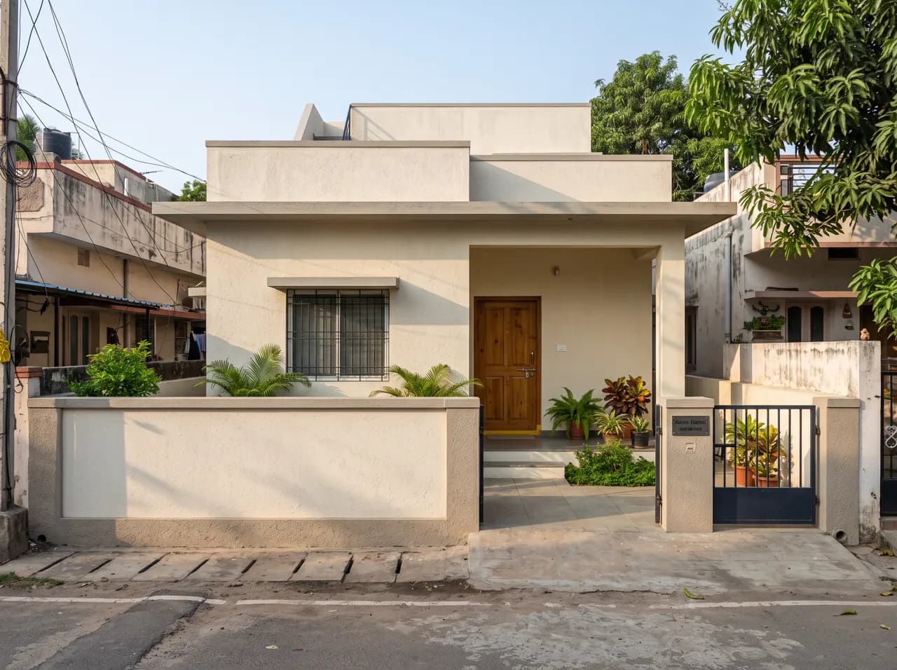 Simple small single floor house front for a 25 by 40 plot with cream walls