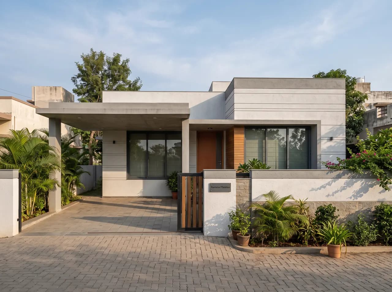 Modern single floor house front elevation in white and grey with car porch