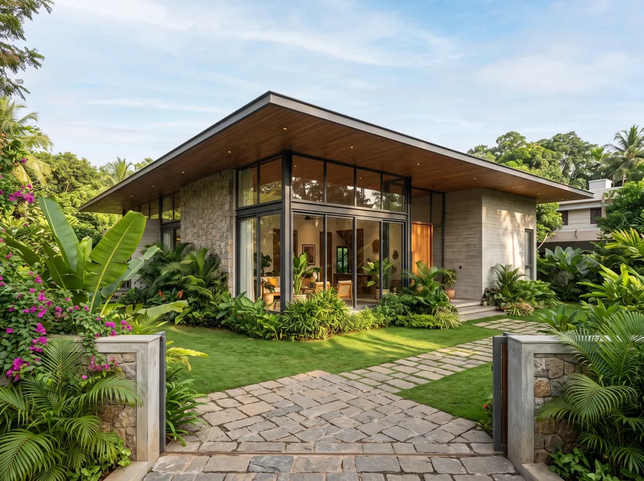Single floor bungalow with sloping overhang roof, stone walls and glass facade