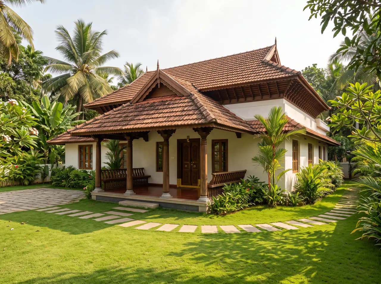 Kerala style single floor house elevation with sloping tile roof and wooden pillars