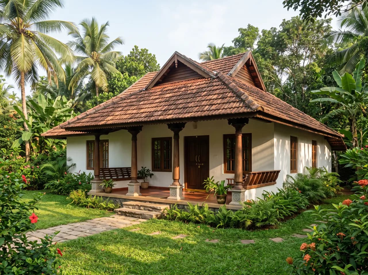 Single floor Kerala house with clay tile roof, white walls and front sit-out
