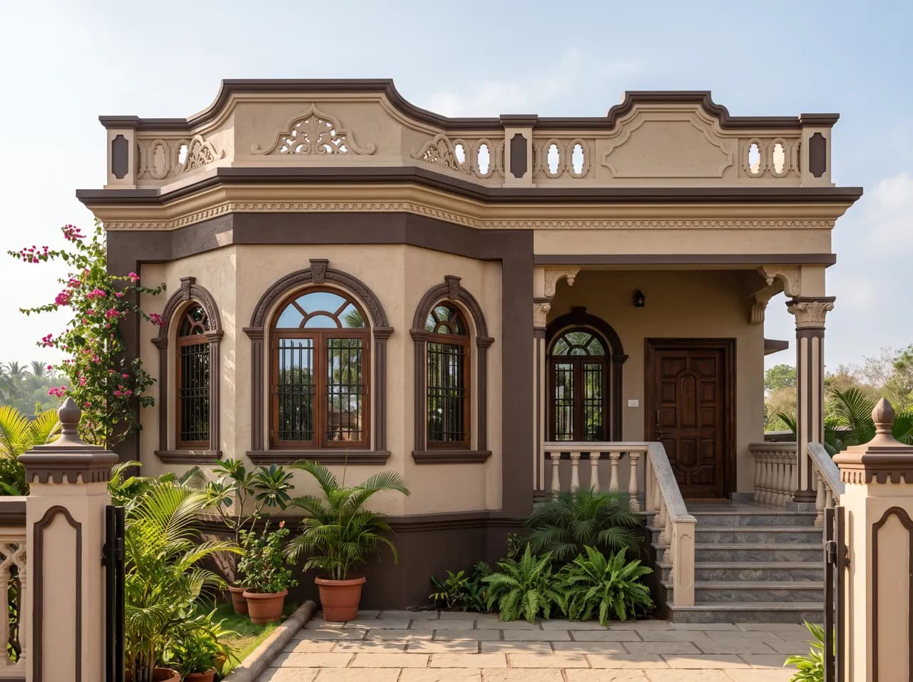 Single storey Indian house elevation in beige and brown with arched windows and parapet
