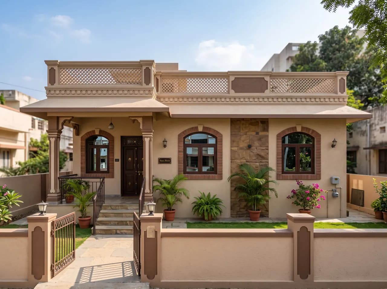 Single floor house elevation with arched windows, jali parapet and stone accent