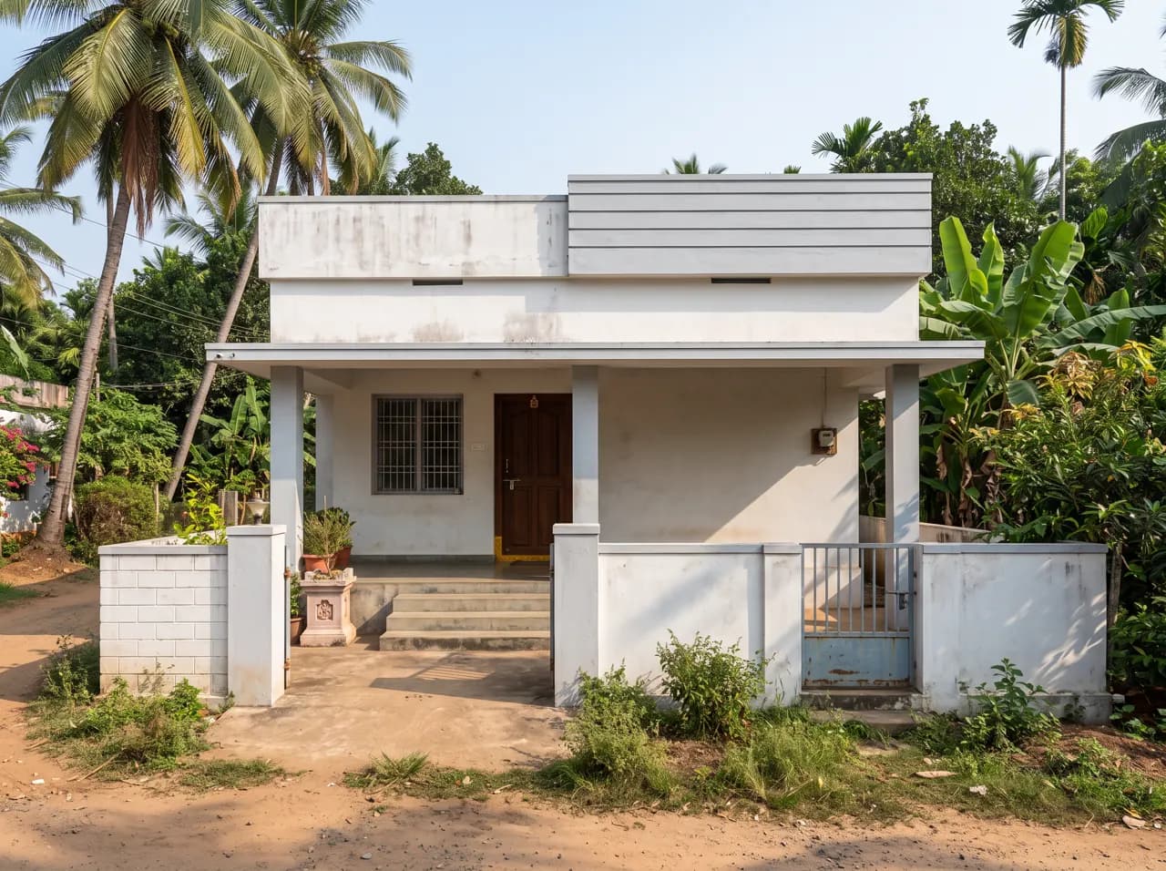 Low-budget single floor village house front in white and grey with veranda and compound wall