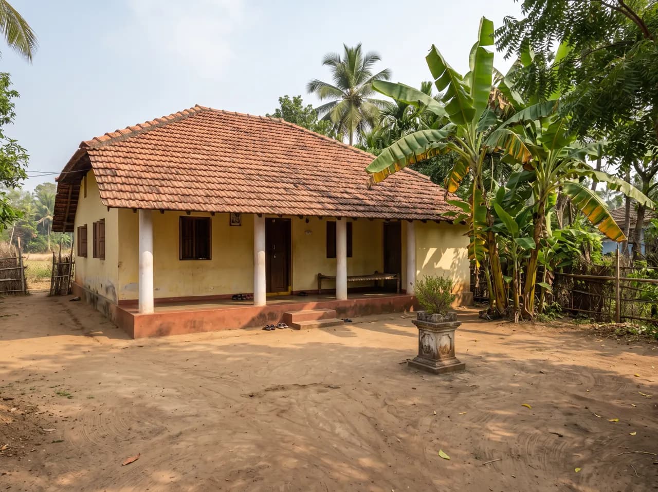 Village single floor house with Mangalore tile roof, yellow walls and pillared veranda