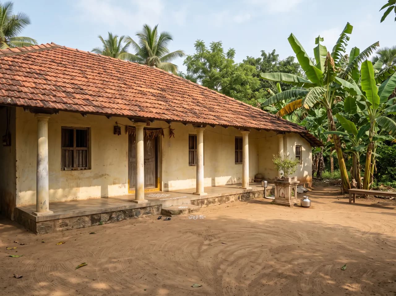 Single floor village home with clay tile roof, long veranda and swept courtyard