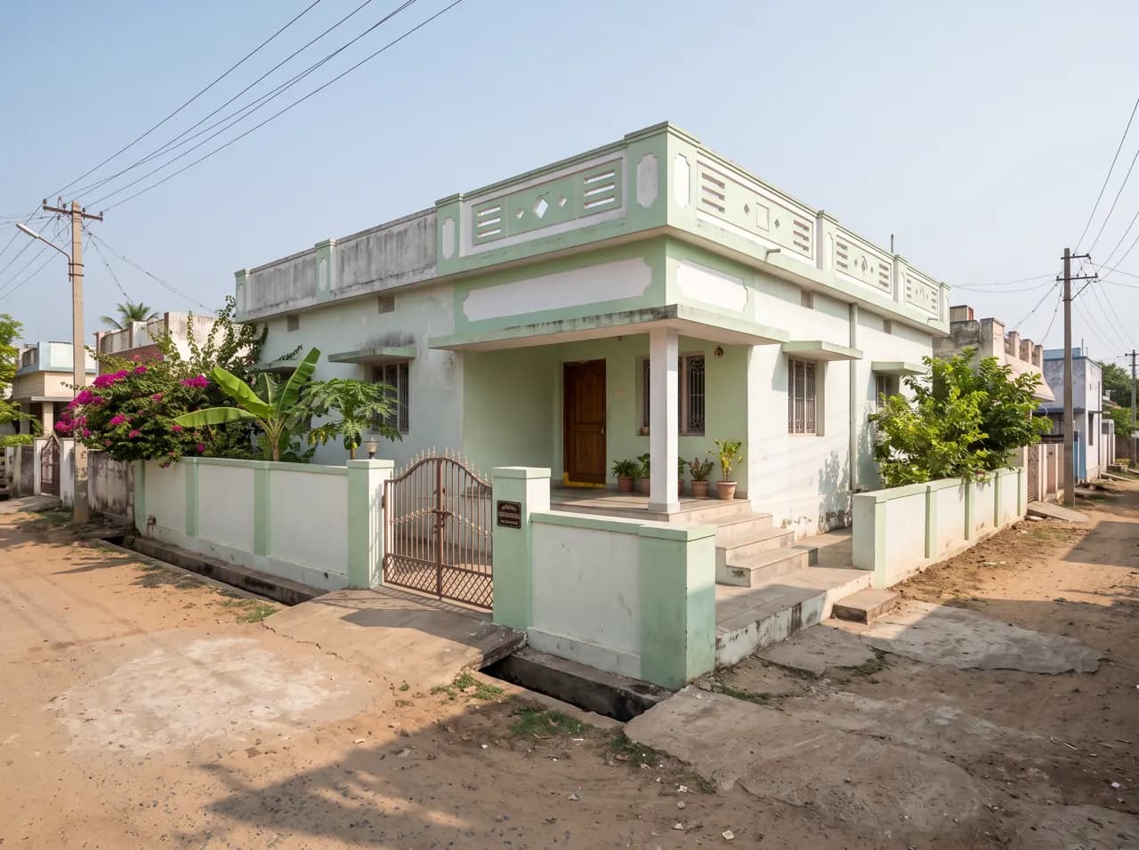 Village single floor house with light green parapet design and compound wall