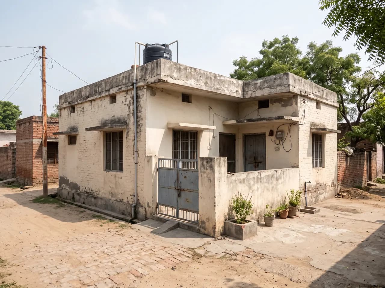 Simple single floor village house in North India with cream plaster and steel gate