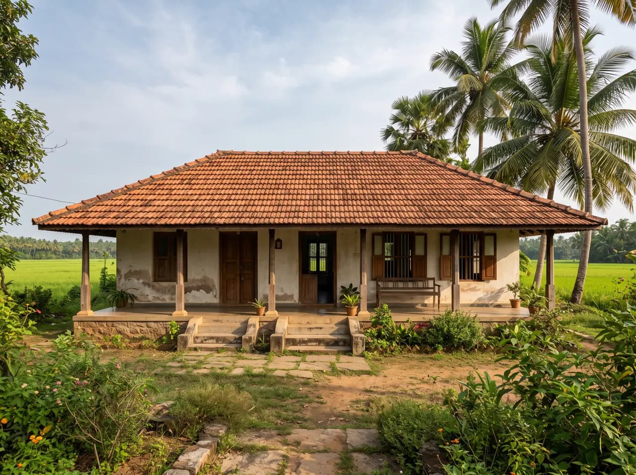 Traditional Indian village home with long veranda and terracotta roof