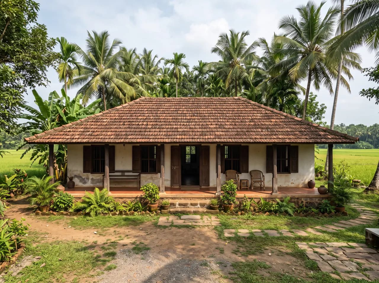 Village single floor home with hipped tile roof, wooden windows and garden courtyard