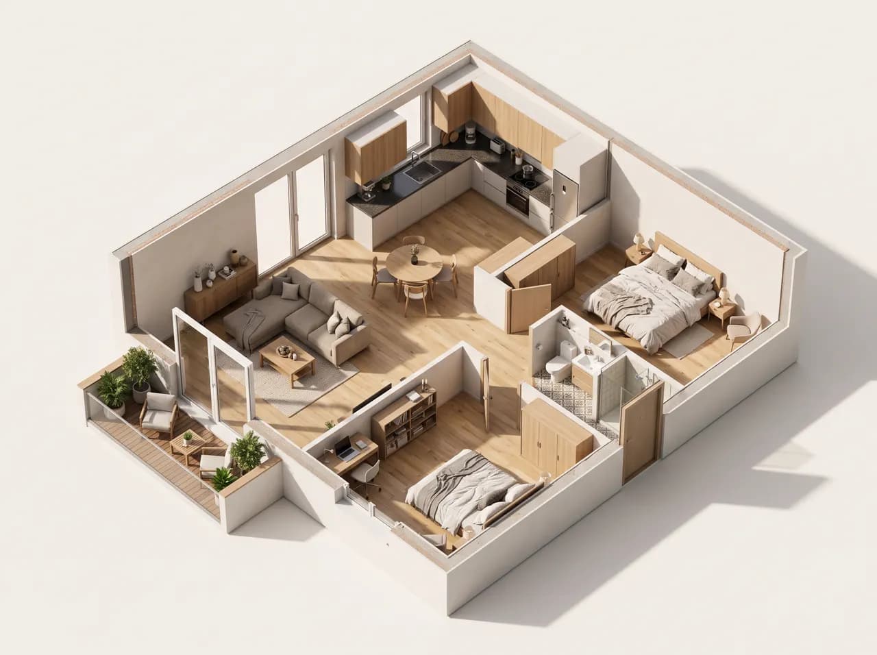 Denah 3D apartemen dua kamar tidur dengan furnitur