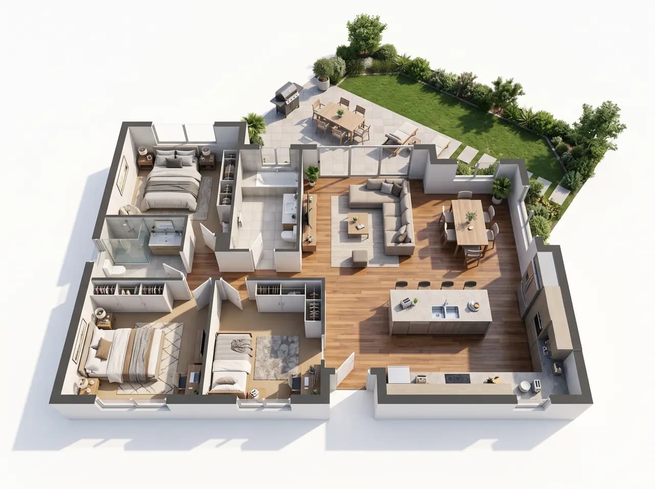 Denah rumah 3D satu lantai tiga kamar tidur dengan teras taman