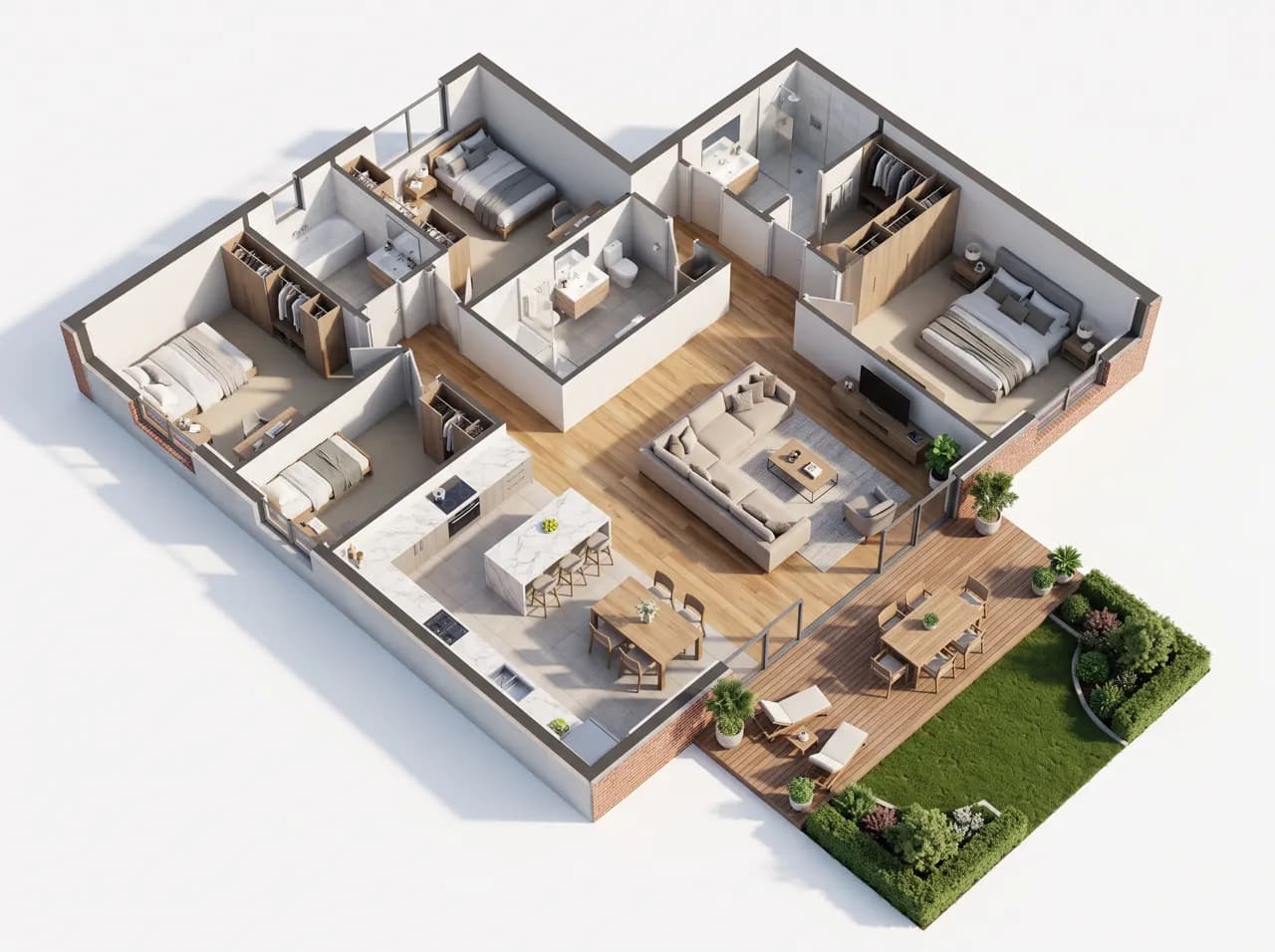 Denah rumah 3D dengan meja dapur, dua kamar mandi, dan halaman