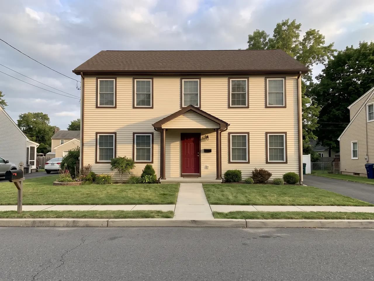 House exterior repainted in a cream and red colour scheme: warm cream walls, chocolate brown trim and a deep red front door — after