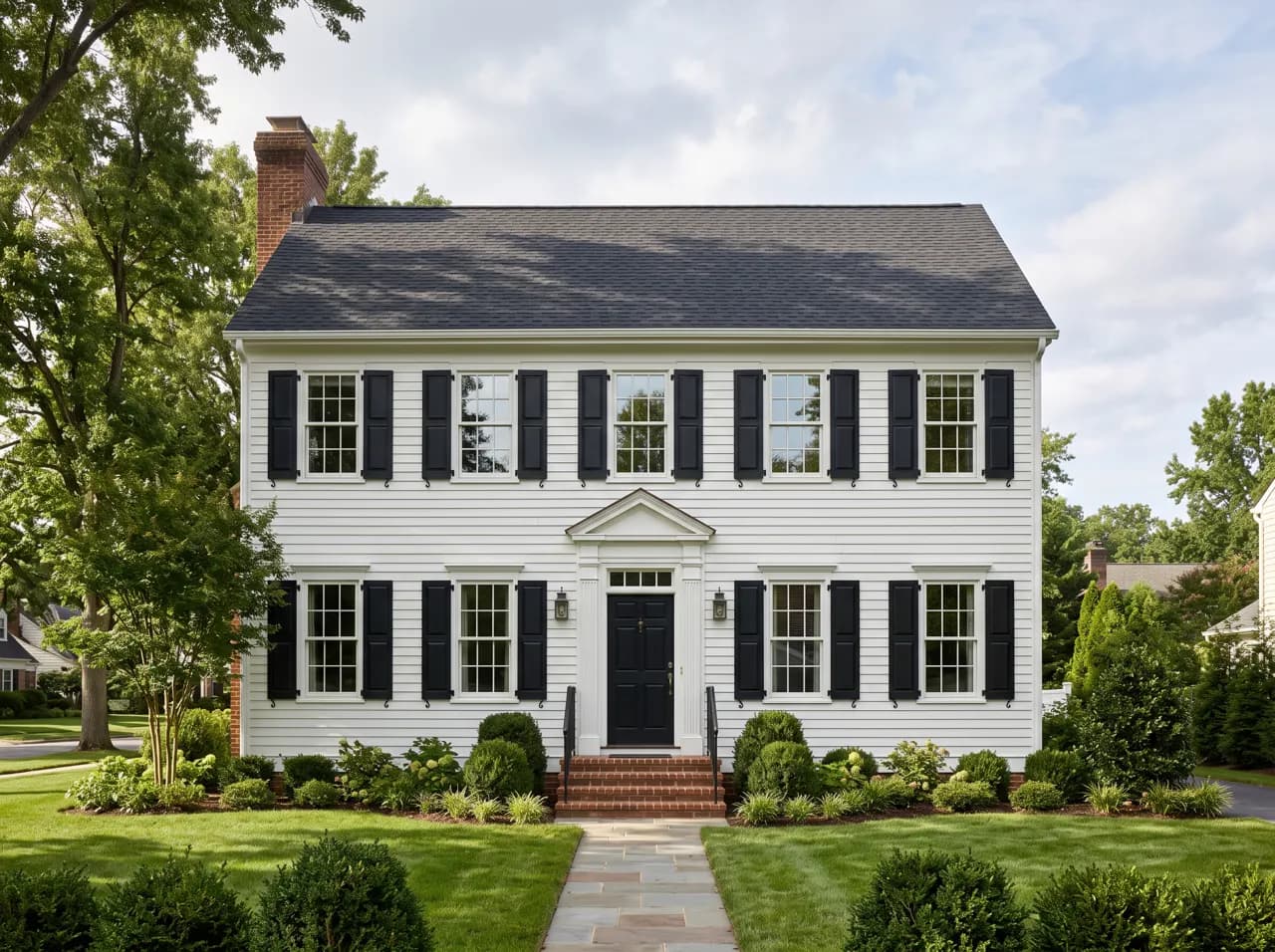 Classic colonial style house with white clapboard, black shutters and centered door