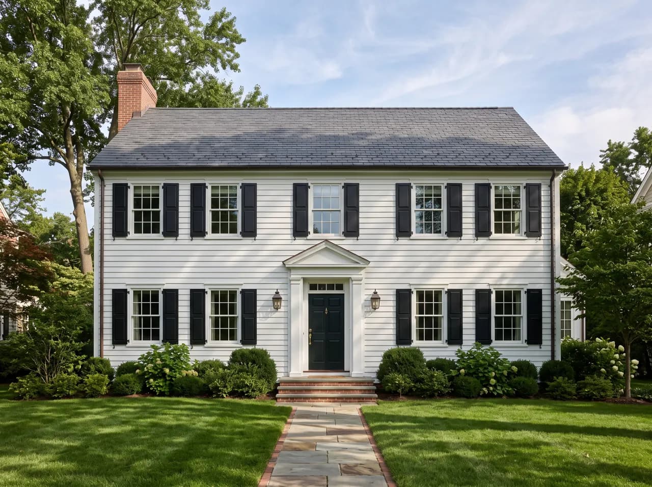 Symmetrical two-story colonial house with pedimented entrance