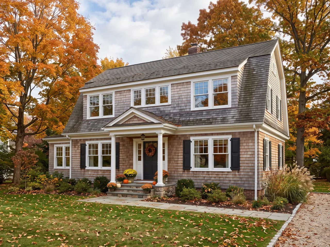 Dutch colonial house with gambrel roof, shingle siding and dormers