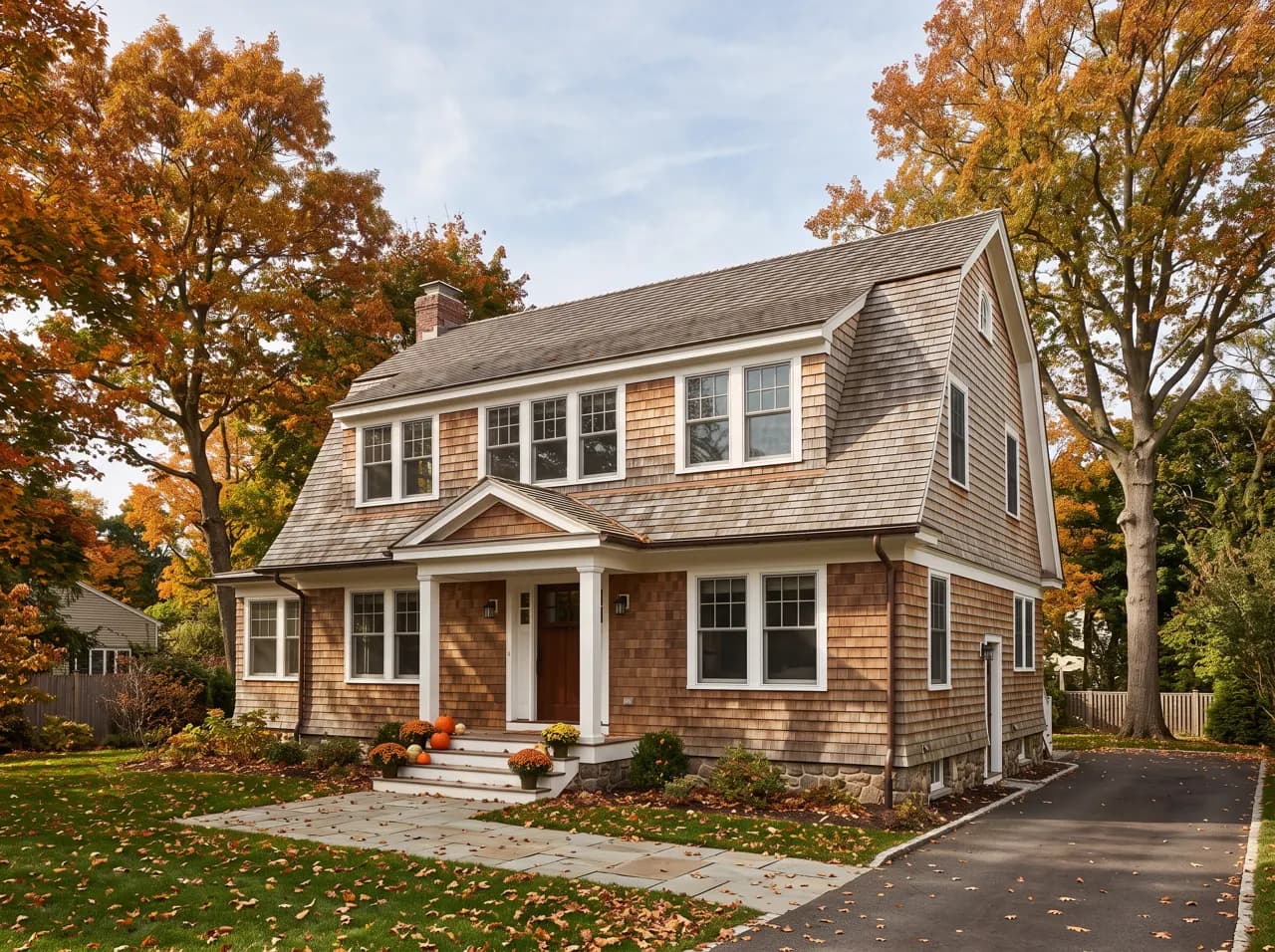 Dutch colonial home with gambrel roof and columned porch in autumn