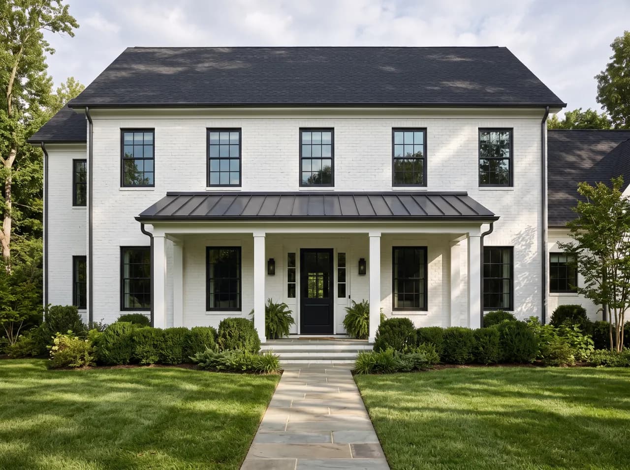 Modern colonial farmhouse with white painted brick and metal porch roof