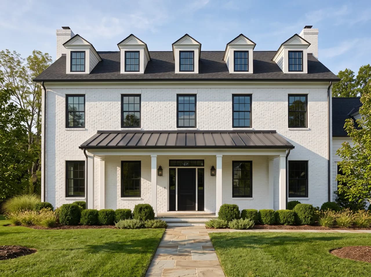 Modern colonial house with dormers, white brick and black windows