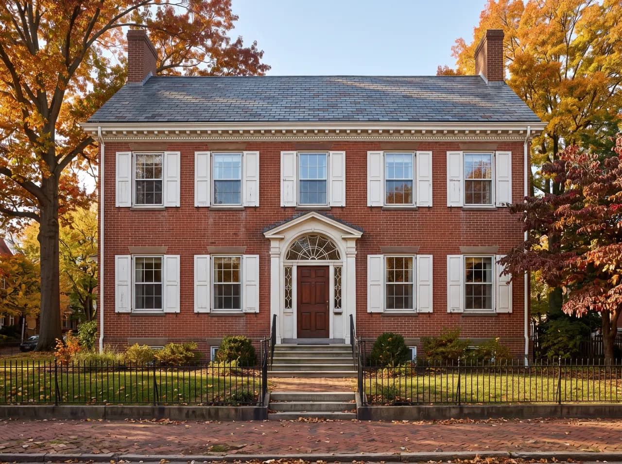 Federal colonial house in red brick with fanlight door and white shutters