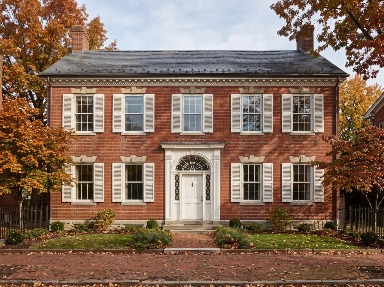 Red brick Federal style colonial with arched fanlight entrance