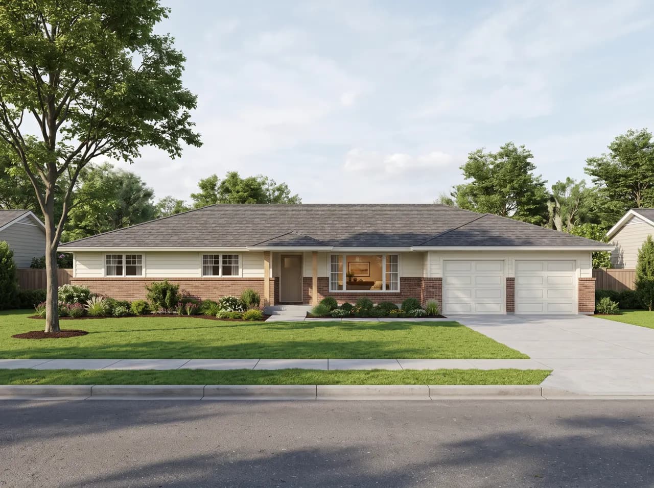 Classic ranch style house with low hipped roof, brick base and two-car garage