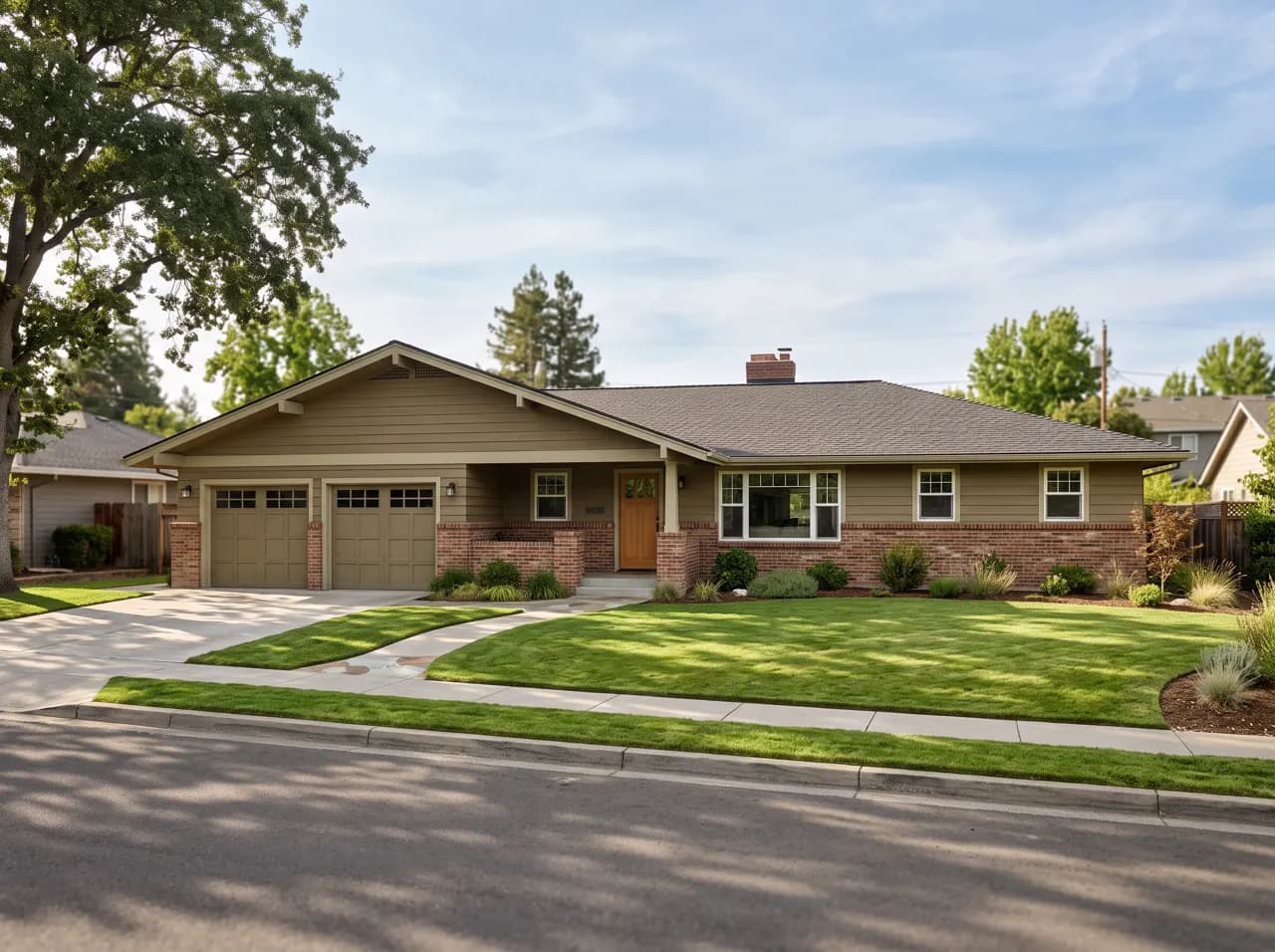Ranch style house with picture window, brick and siding on a suburban street