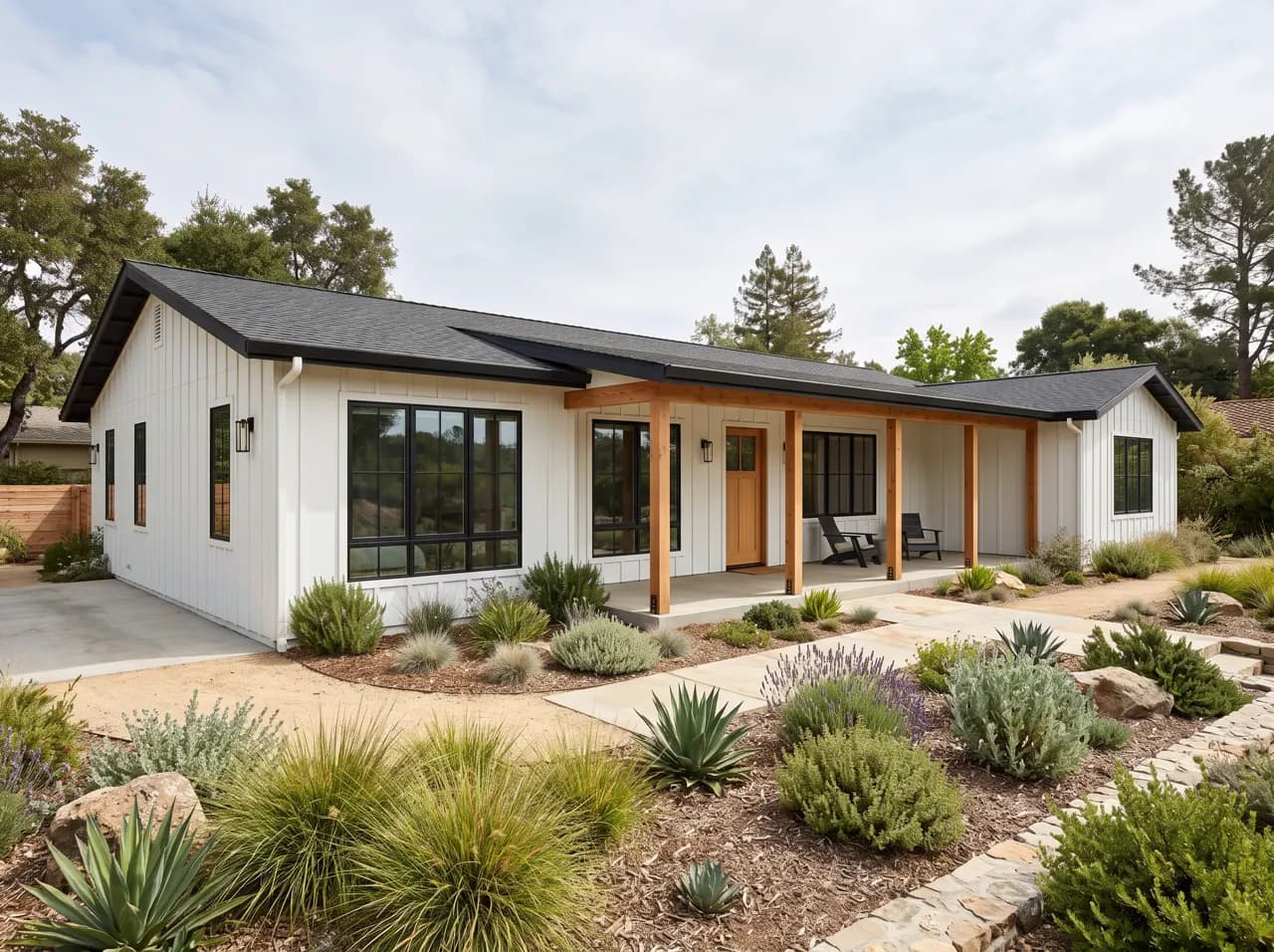 Modern ranch house with white board-and-batten siding and wood-post porch