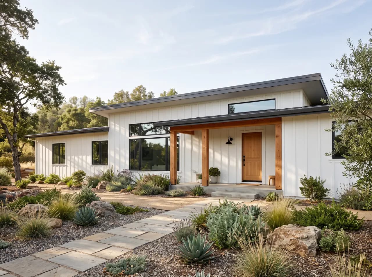 Modern farmhouse ranch with low-slope roof, black windows and native landscaping