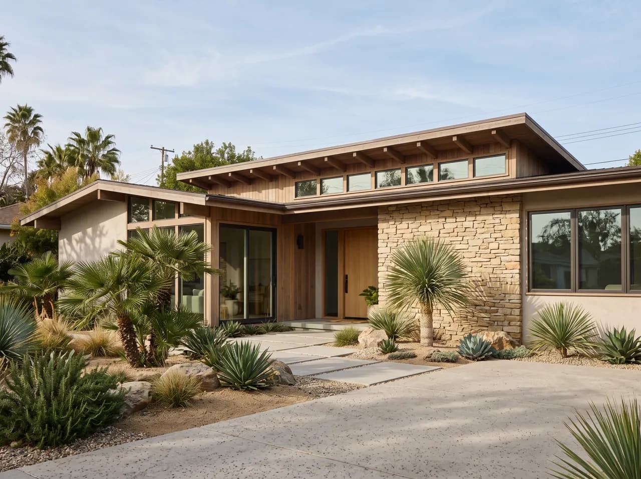 Mid-century California ranch house with clerestory windows and stone wall